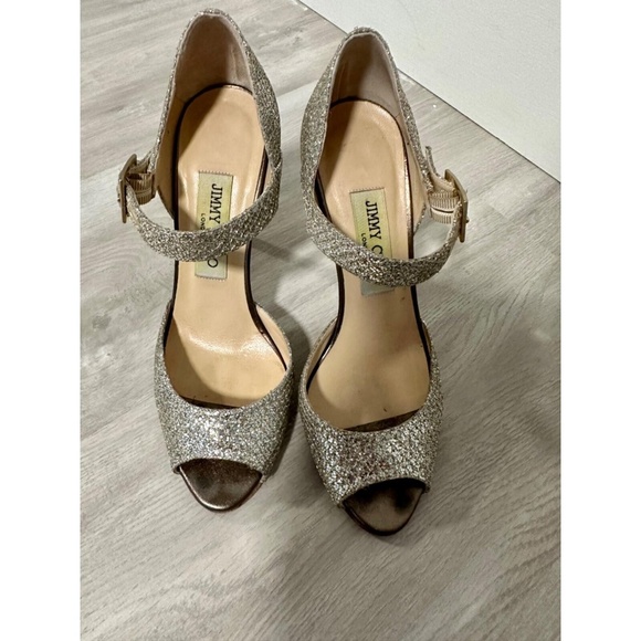 Jimmy Choo Glitter Stiletto Heels Peep Toe Mary Jane Ankle Strap Shoes 35.5 us 5 - Picture 7 of 15